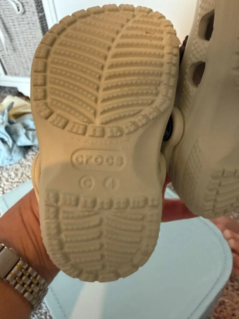 Beige Toddler Crocs with Neutral Disney Charms Size 4C